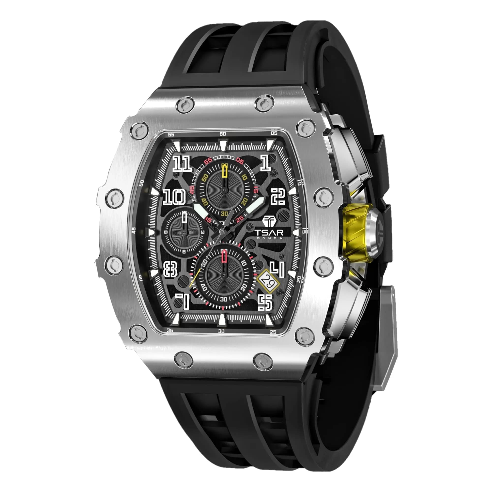 TSAR BOMBA Men's Quartz Wristwatch Waterproof 50M | Luxury Tonneau Chronograph for Men — Dark Black-Silver