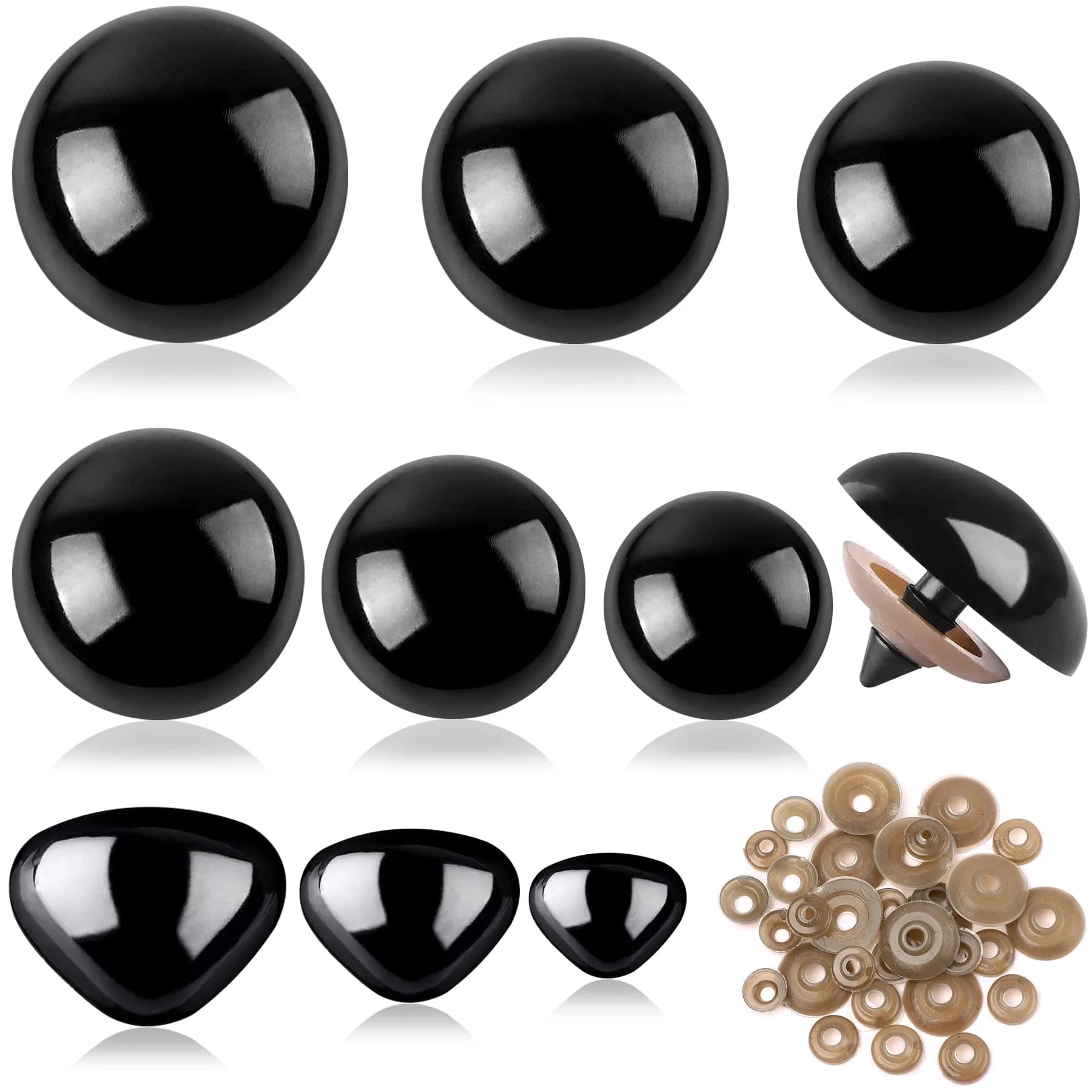 UPINS 180 Pcs Large Colored Safety Eyes and Noses with Washers | 10-20mm Eyes, 9-14mm Noses — Black