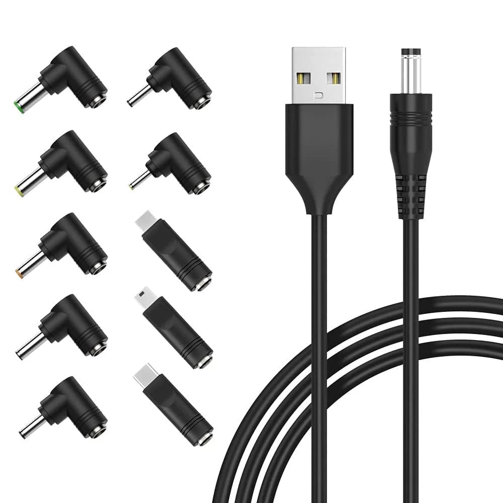 Belker Universal USB to DC 5V Power Cord with 13 Tips | 1.5M Black Cable for 5V Devices — Right Angle / 10-Tips