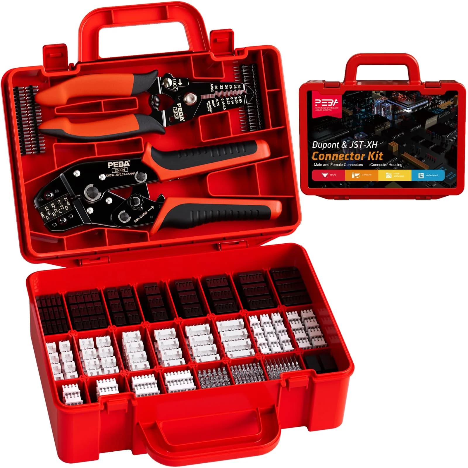 PEBA Ratchet Crimping Tool and JST Connector Kit for AWG 32-20 Wires | 14 Types of 2.5mm JST-SM Connectors & Crimp Pins — Assorted
