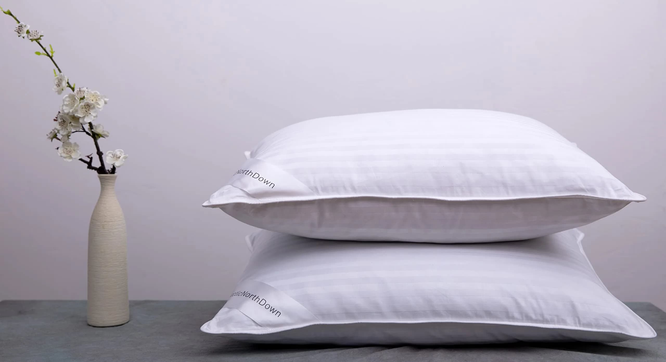 ArcticNorthDown Goose Down Feather Pillows (2-Pack, Standard 51x66cm) | Hotel Collection Stripe White