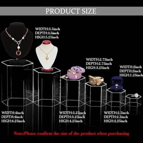 Jetec Clear Acrylic Hexagonal Jewelry Display Risers (Set of 6, Different Sizes) | Organize & Showcase Collections thumbnail 2