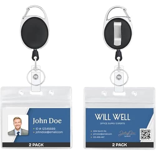 Will Well Durable ID Badge Holder Retractable 2 Pack - Horizontal - Black | Heavy Duty, 3.5oz capacity, 24" UHMWPE cord thumbnail 1