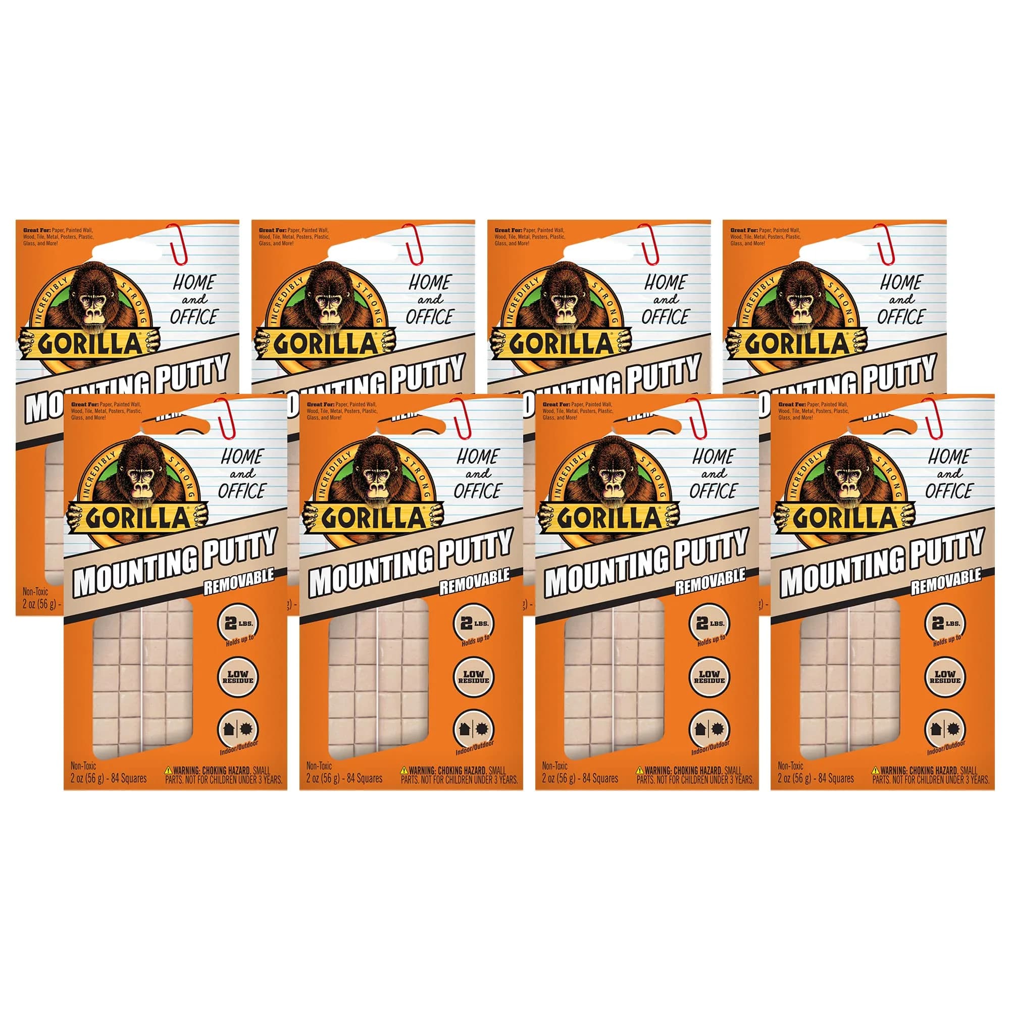Gorilla Mounting Putty Natural Tan Color 672 Squares (Pack of 8) | Non-Toxic Removable & Repositionable Wall Putty