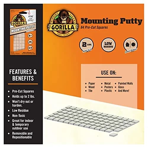 Gorilla Mounting Putty Natural Tan Color 672 Squares (Pack of 8) | Non-Toxic Removable & Repositionable Wall Putty thumbnail 2