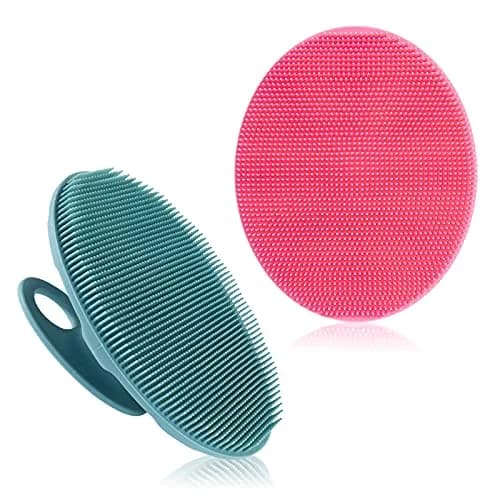 INNERNEED Silicone Body Cleansing Brush Exfoliating Scrubber, Pink+Dark Green, 12cm (4.7in) x 10cm (3.9in) x 5cm (2in) | Gentle Massage, Deep Clean, Hygienic Shower Scrub Brush Soft Bristles for All Skin Types, Easy to Hold thumbnail 1
