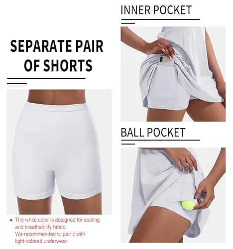 CUGOAO Women's Tennis Dress with Inner Shorts & Pockets - White, Medium | Breathable & Sweat-Wicking Athletic Dress thumbnail 4