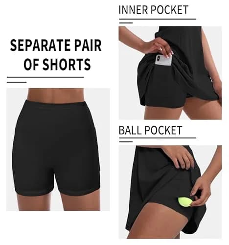 CUGOAO Women's Tennis Dress with Inner Shorts & Pockets | Black, XL (100cm Chest, 85cm Waist) thumbnail 4