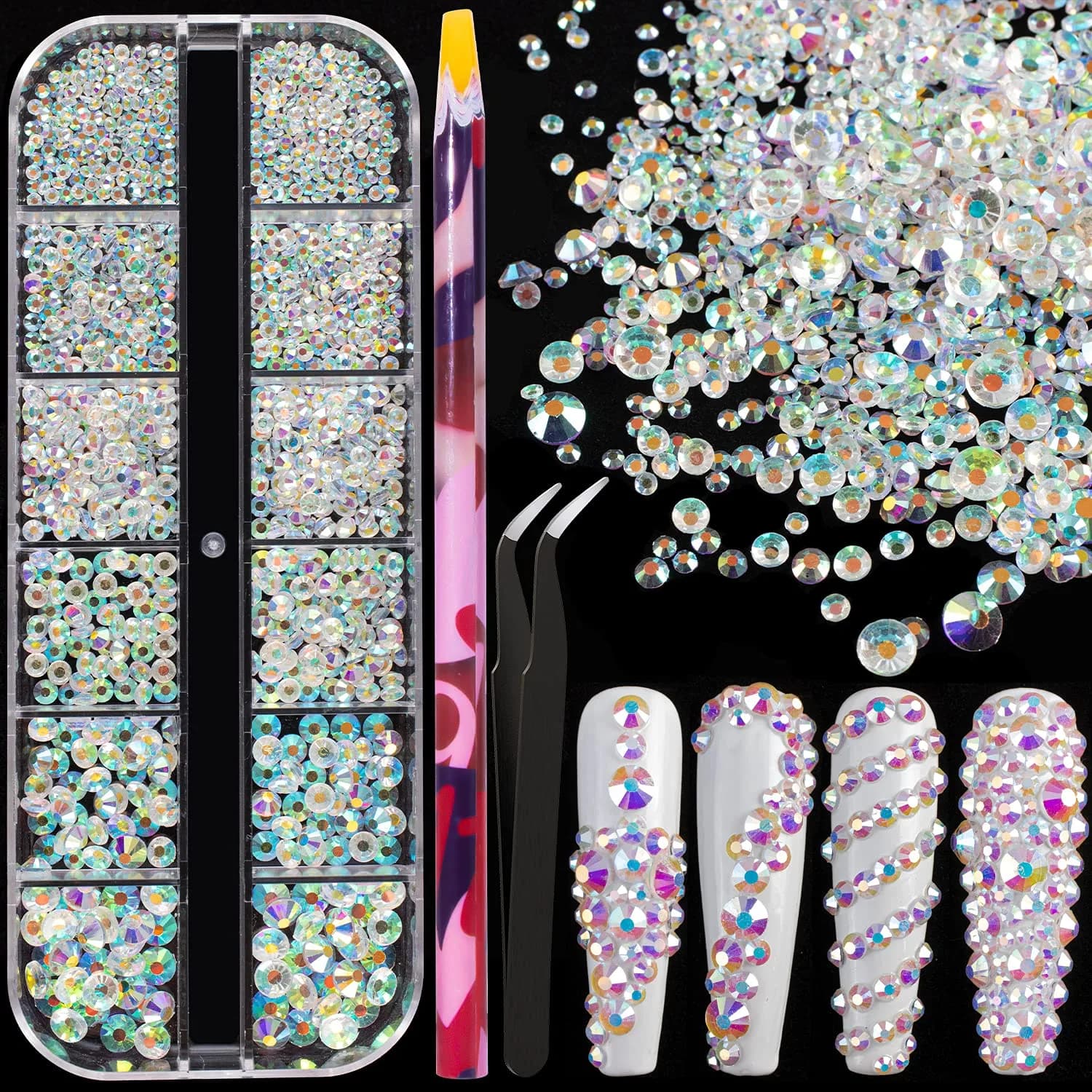 BELLEBOOST Multi Shapes 3D Glass AB Crystal Nail Art Rhinestones Kit with Pickup Pen & Tweezer | Iridescent Nail Decoration — Round Transparent AB / without gem glue