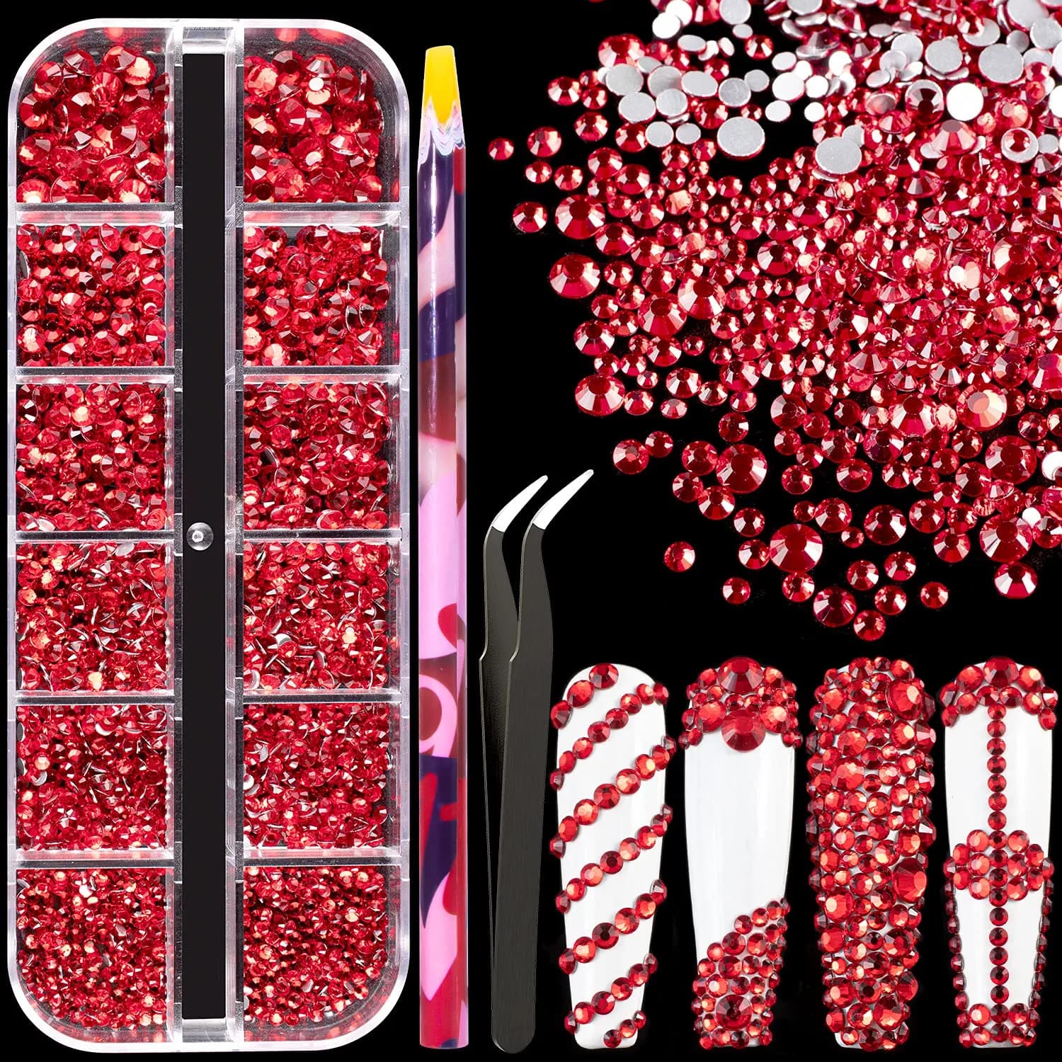 BELLEBOOST Nail Art Rhinestones Kit with Pickup Pen & Tweezer, 6 Sizes, Glass, Round, Red | Vibrant Shine for DIY & Professional Nails - main product image