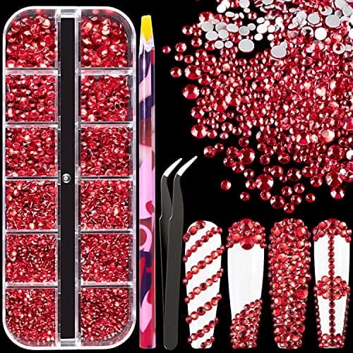 BELLEBOOST Nail Art Rhinestones Kit with Pickup Pen & Tweezer, 6 Sizes, Glass, Round, Red | Vibrant Shine for DIY & Professional Nails thumbnail 1