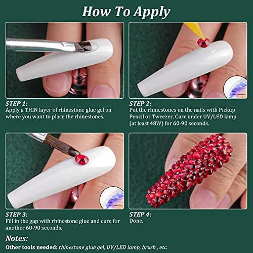 BELLEBOOST Nail Art Rhinestones Kit with Pickup Pen & Tweezer, 6 Sizes, Glass, Round, Red | Vibrant Shine for DIY & Professional Nails thumbnail 7