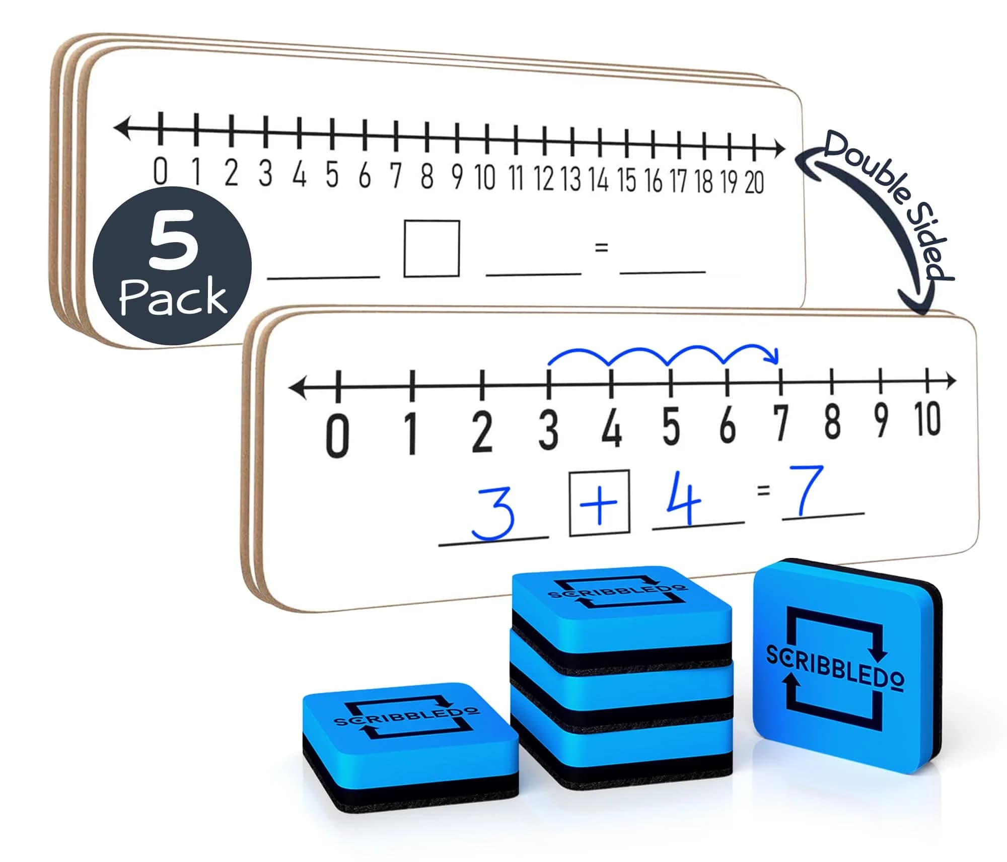 Scribbledo Dry Erase Number Line Board 30.48cm x 10.16cm (12"x4") | Double-Sided Math Practice for Grades 1-2 — with Erasers
