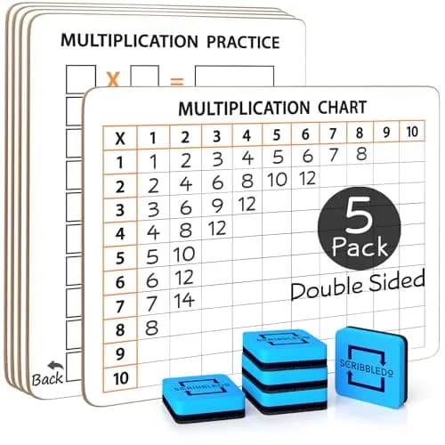 Scribbledo Multiplication Chart Dry Erase Boards 9x12 Inch (22.86cm x 30.48cm), 5 Pack with Erasers | Reusable Math Practice for Grades 3-5 thumbnail 1