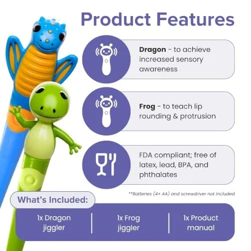 TalkTools Jiggler Oral Motor Tool Set for Kids - Vibration Sensory Awareness for Jaw & Lips, Speech & Feeding Aid | Dragon & Frog, Set of 2 (Blue & Green) thumbnail 3