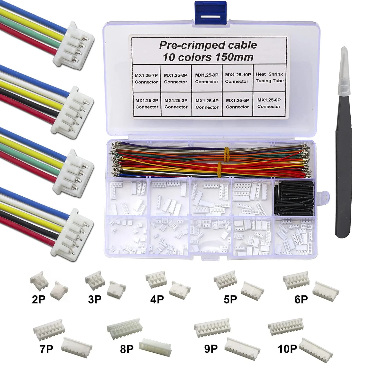 Keszoox MX 1.25mm Connector Kit with 28AWG Pre-Crimped Cables (240 Connectors, 200 Cables) | Molex PicoBlade Compatible for Pixhawk — Connector Kit