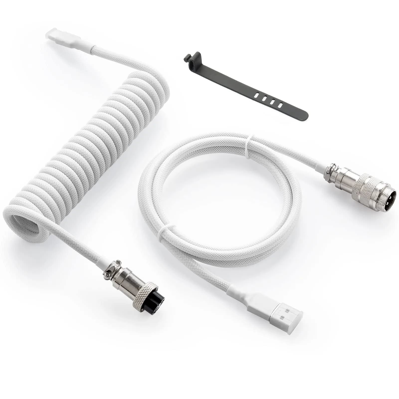 GUNMJO Pro Custom Coiled USB-C Cable 1.5m (5ft) | Double-Sleeved Mechanical Keyboard Cable with Metal Aviator — White