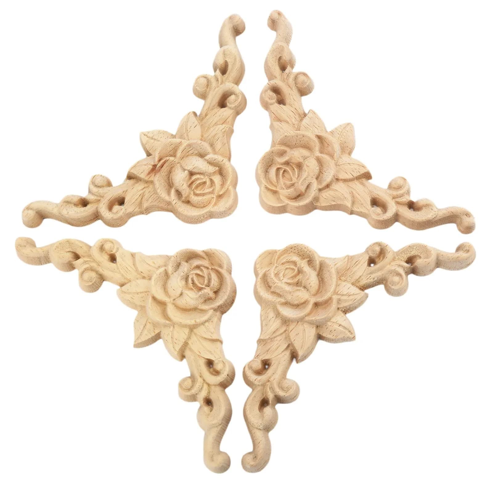 LizhiPier Rose Wood Appliques 8cm (3.15") | 4Pcs Unpainted Oak Wood Carved Decals for Furniture DIY - main product image