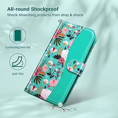 ULAK Mint Floral Wallet Case for iPhone 13 Pro Max 6.7" | Card Holder Flip Cover with Kickstand thumbnail 4