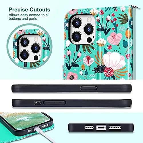 ULAK Mint Floral Wallet Case for iPhone 13 Pro Max 6.7" | Card Holder Flip Cover with Kickstand thumbnail 6