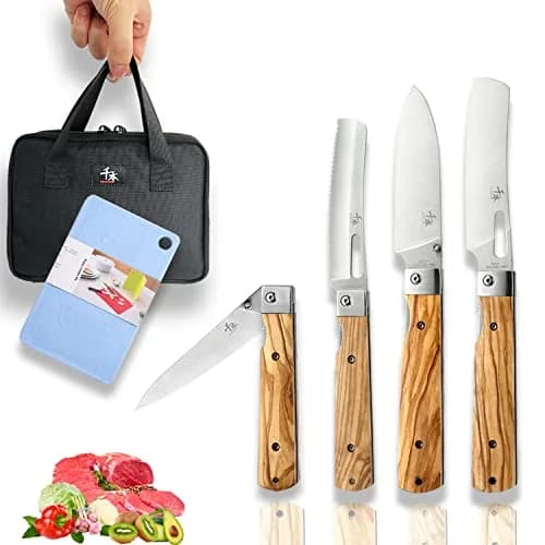 SENBON 4-Piece Folding Pocket Knife Set 20.3 cm (8 inches) | Forged 440A Stainless Steel Blades with Olive Wood Handles thumbnail 1