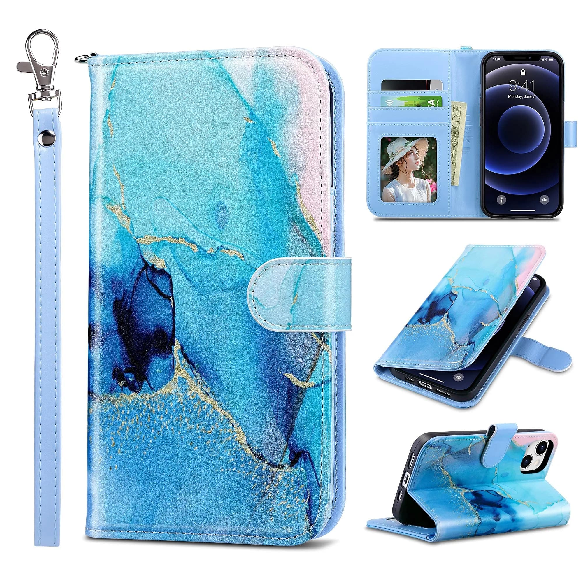 ULAK Wallet Case for iPhone 13 Pro Max 6.7 inch | Card Holder, Shockproof, Flip Leather — Marble / iPhone 13 - 6.1 inch