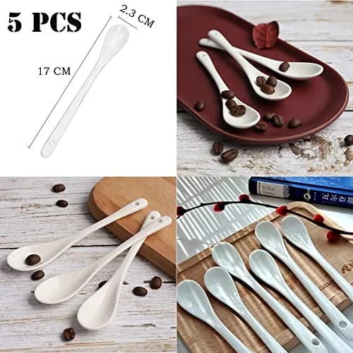 AKOAK 6.7" Ceramic Egg Spoon Set (5 Pieces) | White Long-Handled Teaspoon for Coffee, Tea, Yogurt, Ice Cream, Desserts thumbnail 9