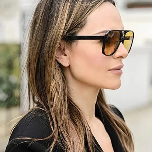 IKUVNA Vintage Aviator Sunglasses for Women Men 70s Glasses Retro Oversized Yellow Lens Shades (Blue) | UV400 Protection thumbnail 6