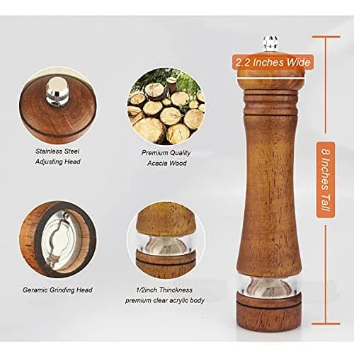 Haomacro Pepper Grinder Set (2 Piece) 8 inch Natural Oak Salt & Pepper Mills Refillable Adjustable Coarse Fine thumbnail 4