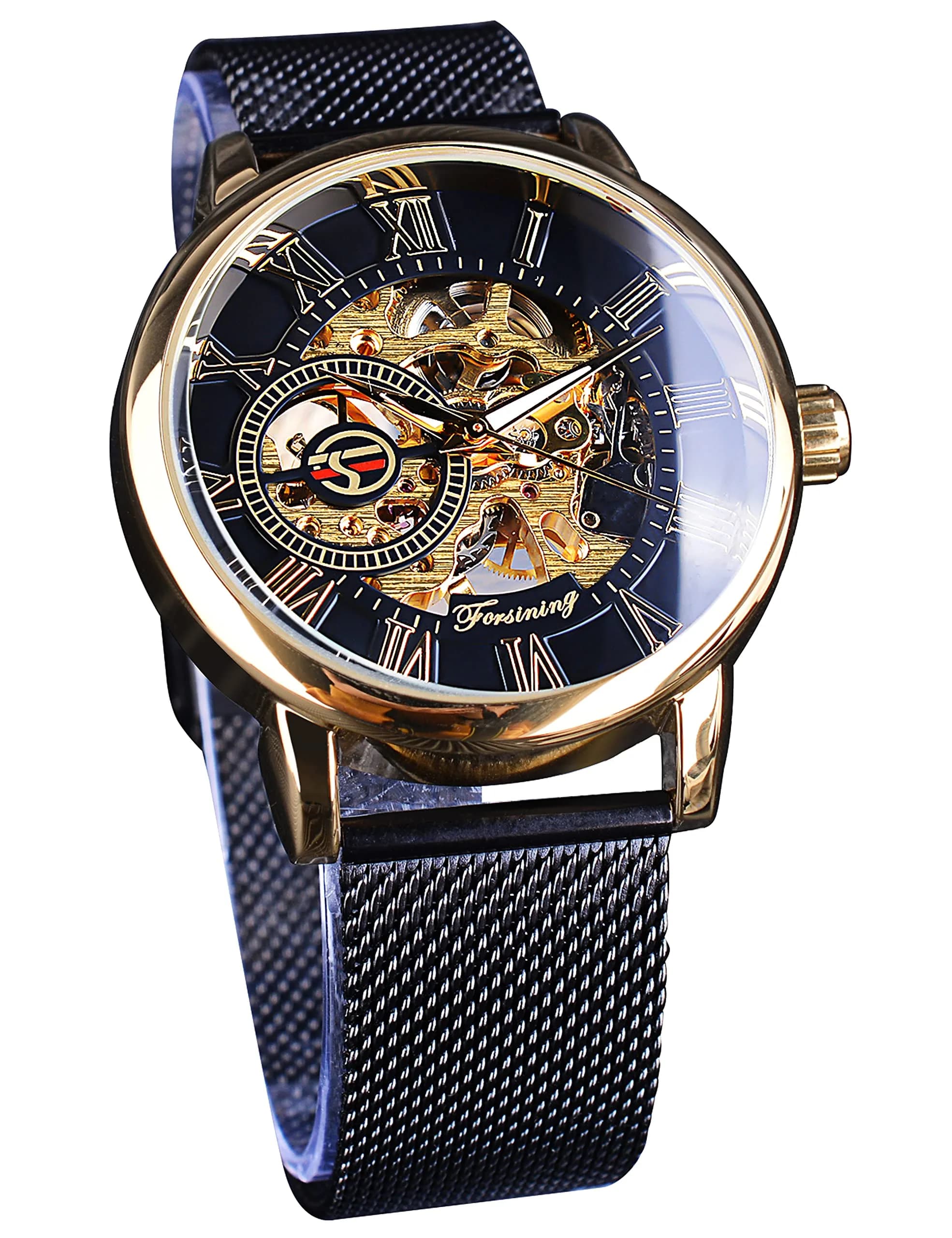 FORSINING Steampunk Mechanical Watch for Men | 37mm Case, Skeleton Dial, Mesh Band — Golden-Black