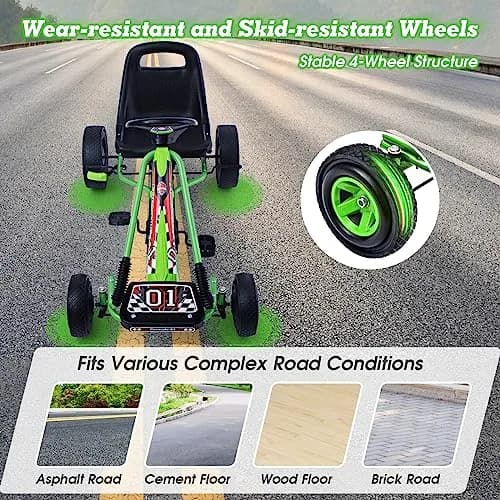 HONEY JOY Go Kart for Kids, 4 Wheel Off-Road Pedal Car | Adjustable Seat & EVA Tires (Green) thumbnail 6