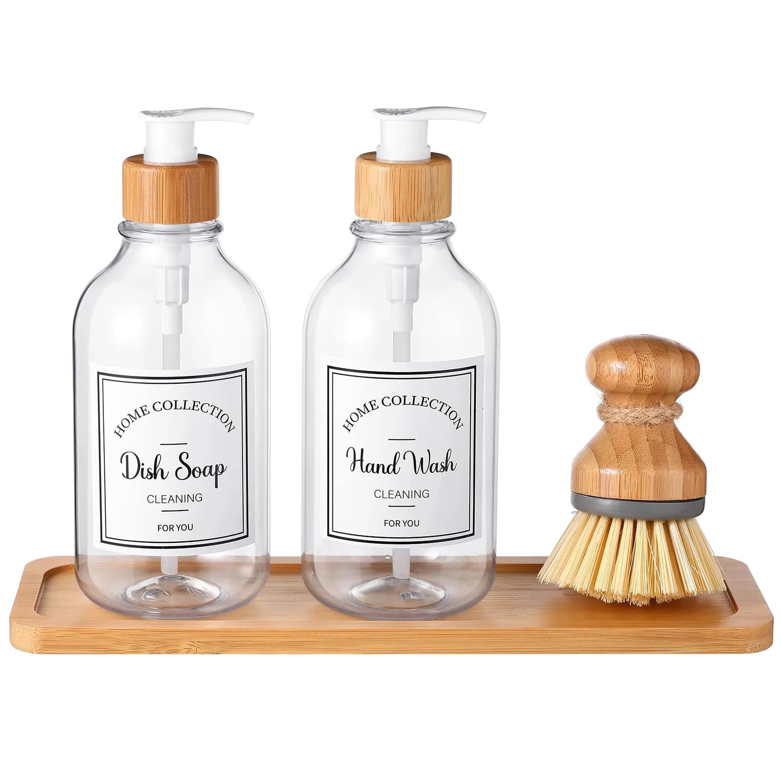 Zopeal Transparent Soap Dispenser Set with Bamboo Tray & Brush | 500ml (16 oz) Refillable Countertop Dispensers (2-Pack) - main product image