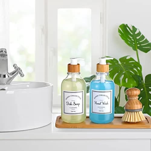 Zopeal Transparent Soap Dispenser Set with Bamboo Tray & Brush | 500ml (16 oz) Refillable Countertop Dispensers (2-Pack) thumbnail 3