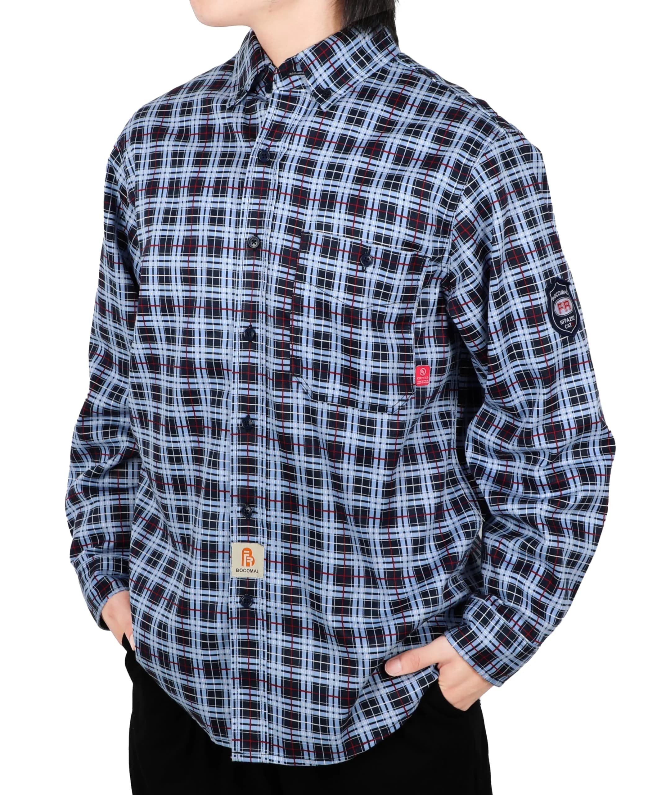 BOCOMAL Men's FR Shirts Printed Plaid Button Up 6.5oz Lightweight Workwear | NFPA 70E & NFPA 2112 Certified - main product image