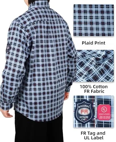 BOCOMAL Men's FR Shirts Printed Plaid Button Up 6.5oz Lightweight Workwear | NFPA 70E & NFPA 2112 Certified thumbnail 6