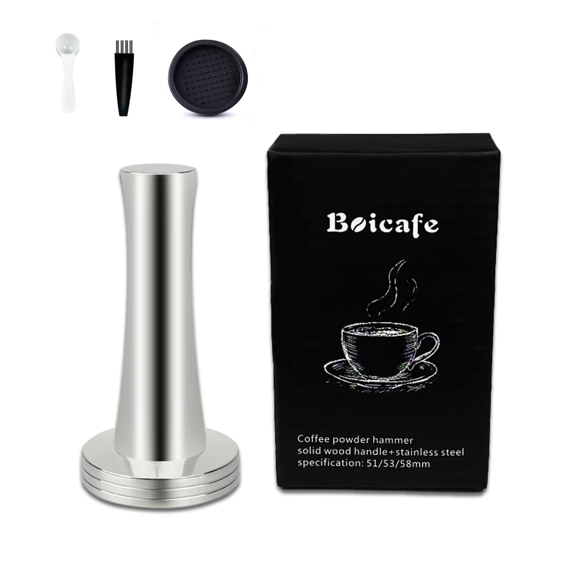 Boicafe 39mm Coffee Tamper with Mat & Brush - 304 Stainless Steel Base, Heavy Duty Espresso Presser (Silver) - main product image