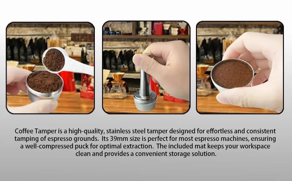 Boicafe 39mm Coffee Tamper with Mat & Brush - 304 Stainless Steel Base, Heavy Duty Espresso Presser (Silver) thumbnail 9