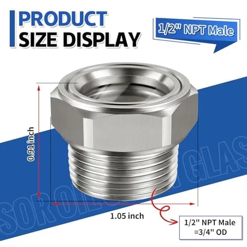 Boltigen Stainless Steel Oil Sight Glass 1/2 NPT Male Hex Head | Pressure Rated 800 PSI thumbnail 3