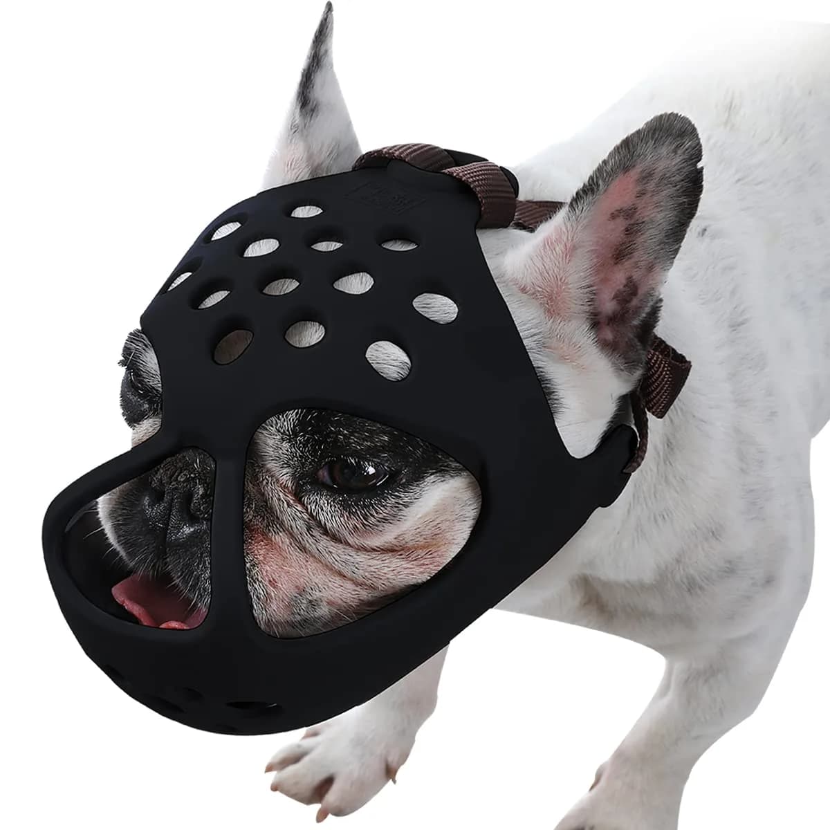 BARKLESS Frenchie Muzzle for Short Snout, Breathable Dog Muzzle for Biting, Size L (17"-18.5") | Allows Drinking — Black