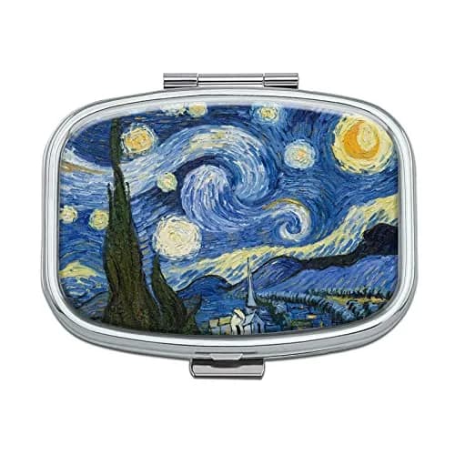 Hion Portable Pill Box 2 Compartment Metal with Plastic Divider | Van Gogh Starry Night Design thumbnail 1