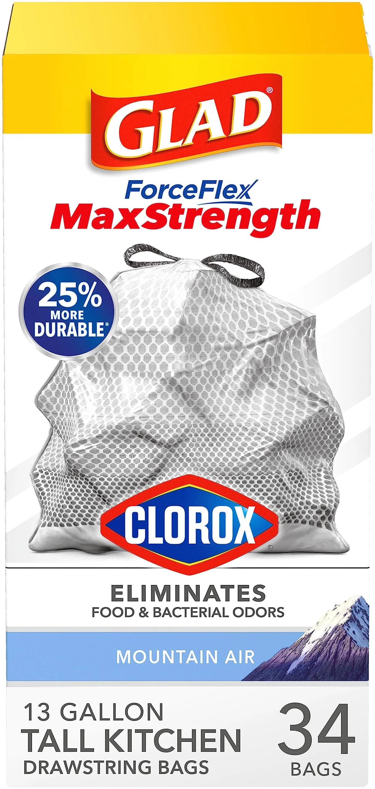 Glad ForceFlex MaxStrength Tall Kitchen Trash Bags 13 Gal 34 Count | Odor Control & Leak Protection — Mountain Air