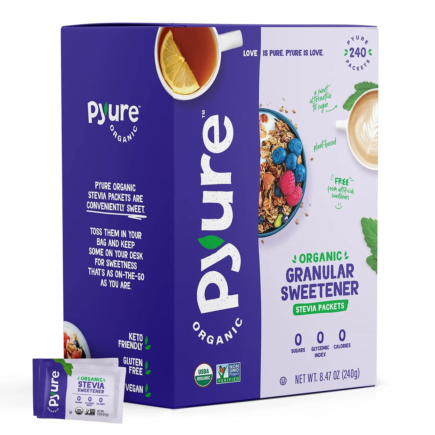 Pyure Organic Stevia Packets 240 Count | Zero Calorie Sugar Substitute for Coffee, Baking & Travel