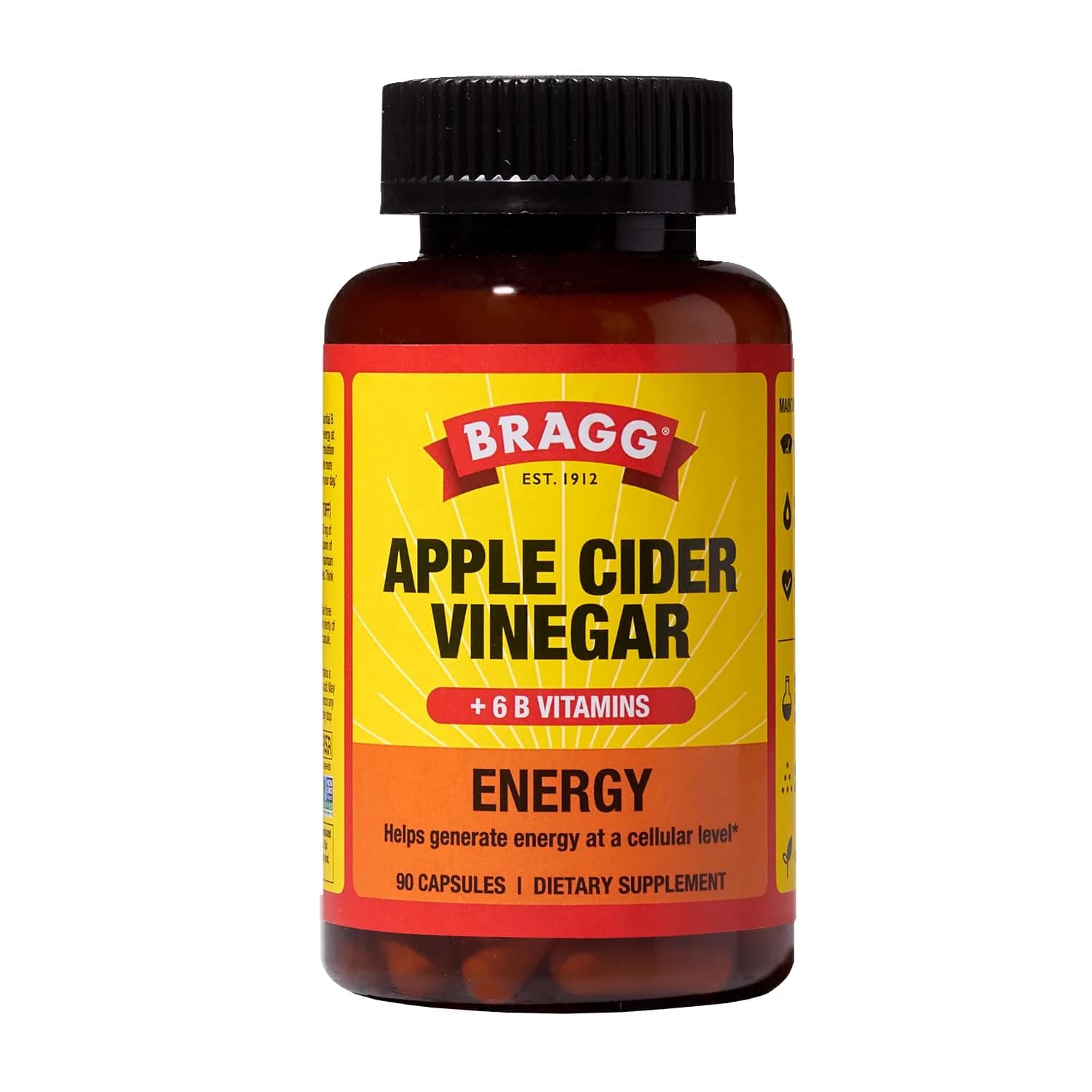 Bragg Energy Apple Cider Vinegar Capsules with B Vitamins - 90 Count (Pack of 1) | Cellular Energy Production — No Color