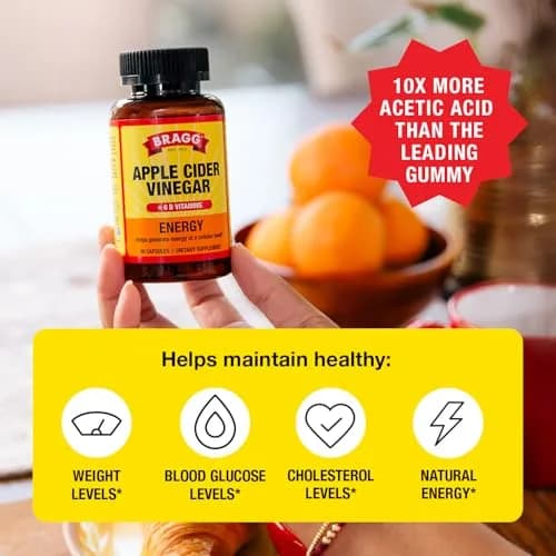 Bragg Energy Apple Cider Vinegar Capsules with B Vitamins - 90 Count (Pack of 1) | Cellular Energy Production thumbnail 2