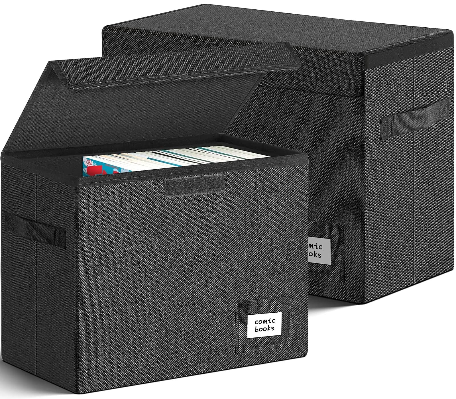 Leffis Comic Book Storage Box 15.5" x 7.5" x 11.3" | Heavy Duty Comic Bin for 150 Comics — Black / ef of 2 pk
