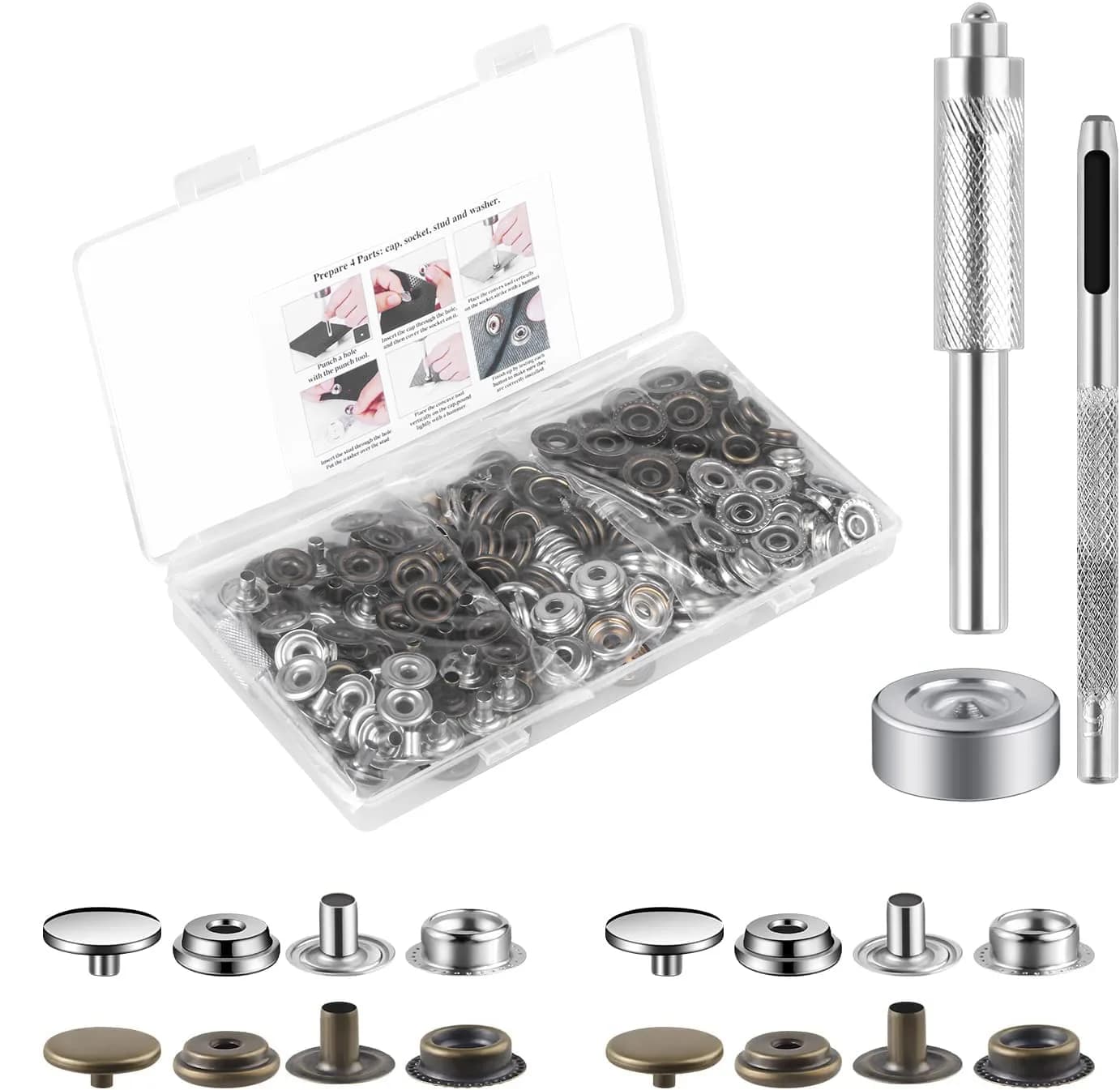 Moocci Gold Snap Fastener Kit with Tools, 15mm (0.59 Inch) Stainless Steel Snaps - 50 Sets | Heavy Duty for Leather & Fabric — Bronze+Silver