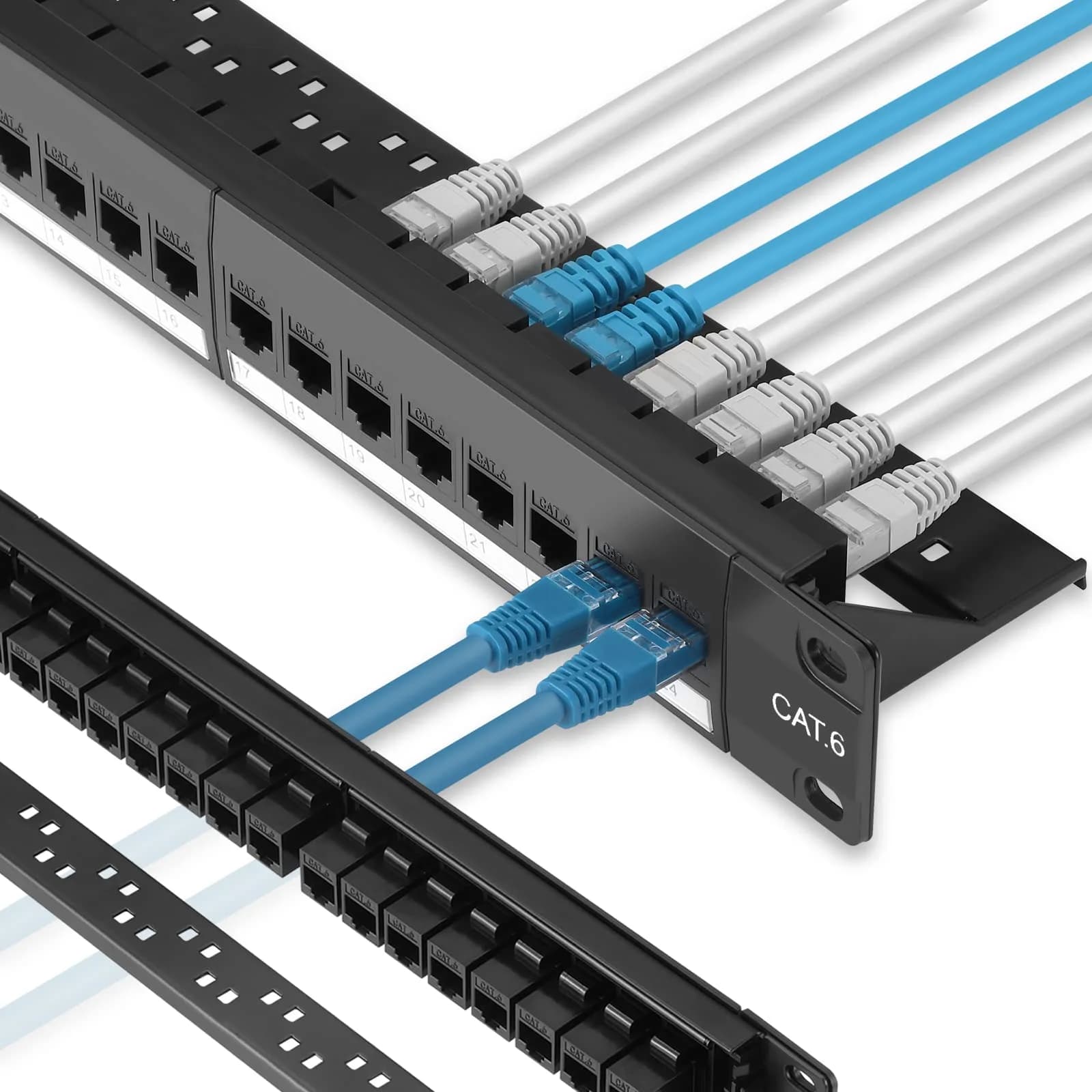 Rapink Patch Panel 24 Port Cat6A 10G Support | Toolless, Pass-Thru, Gold Pins, Removable Back Bar — Black