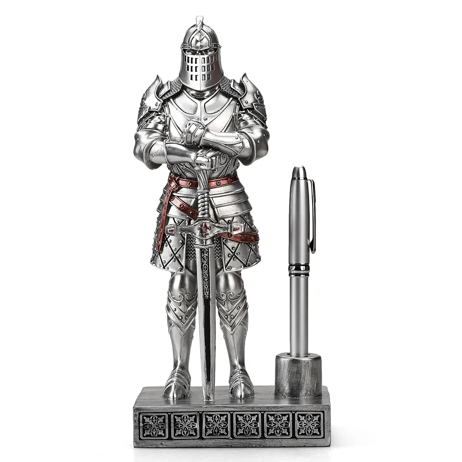 Amoysanli Silver Caddy Resin Pen Stand with Knight Statue | Retro Desk Organizer for Office & School - main product image