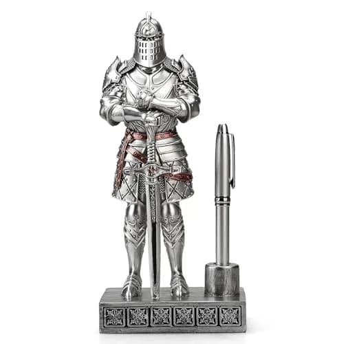 Amoysanli Silver Caddy Resin Pen Stand with Knight Statue | Retro Desk Organizer for Office & School thumbnail 1