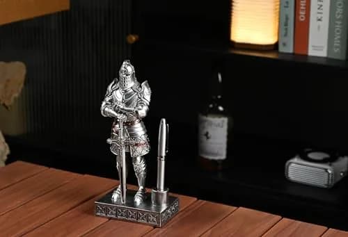 Amoysanli Silver Caddy Resin Pen Stand with Knight Statue | Retro Desk Organizer for Office & School thumbnail 7